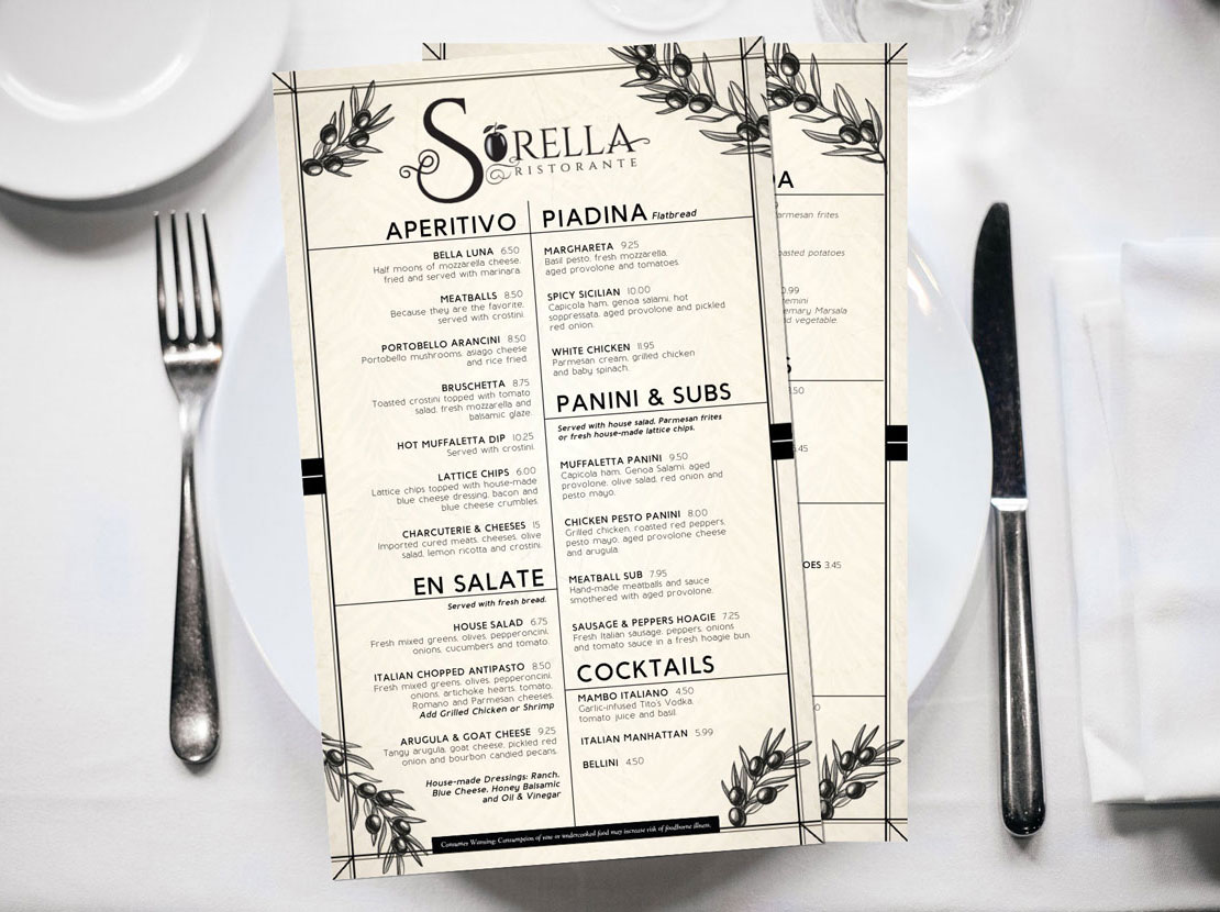 Graphic Design for fine dine-in and specialty menus